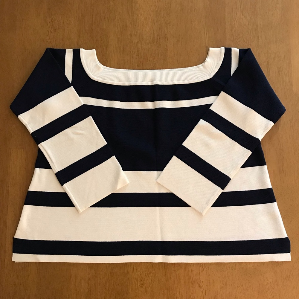 J. Crew Navy and White Off-the-Shoulder Sweater - Picture 2 of 5